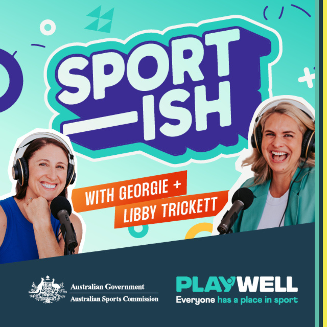 Promotional image for Sportish, a Playwell podcast hosted by George and Libby Trickett