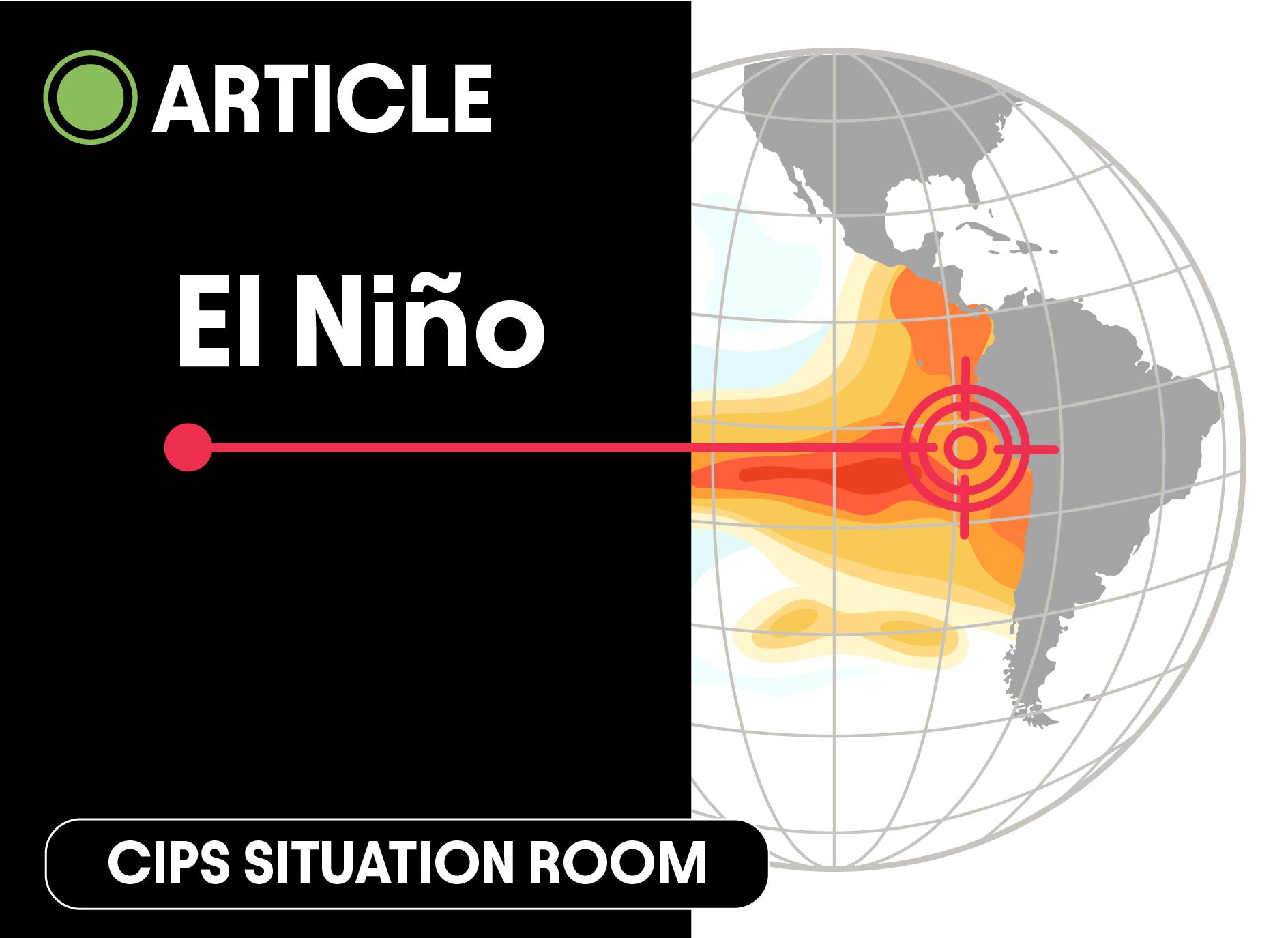 An article tile graphic titled El Niño, displaying a globe marked with a red target reticle and heat wave bands off the coast of South America