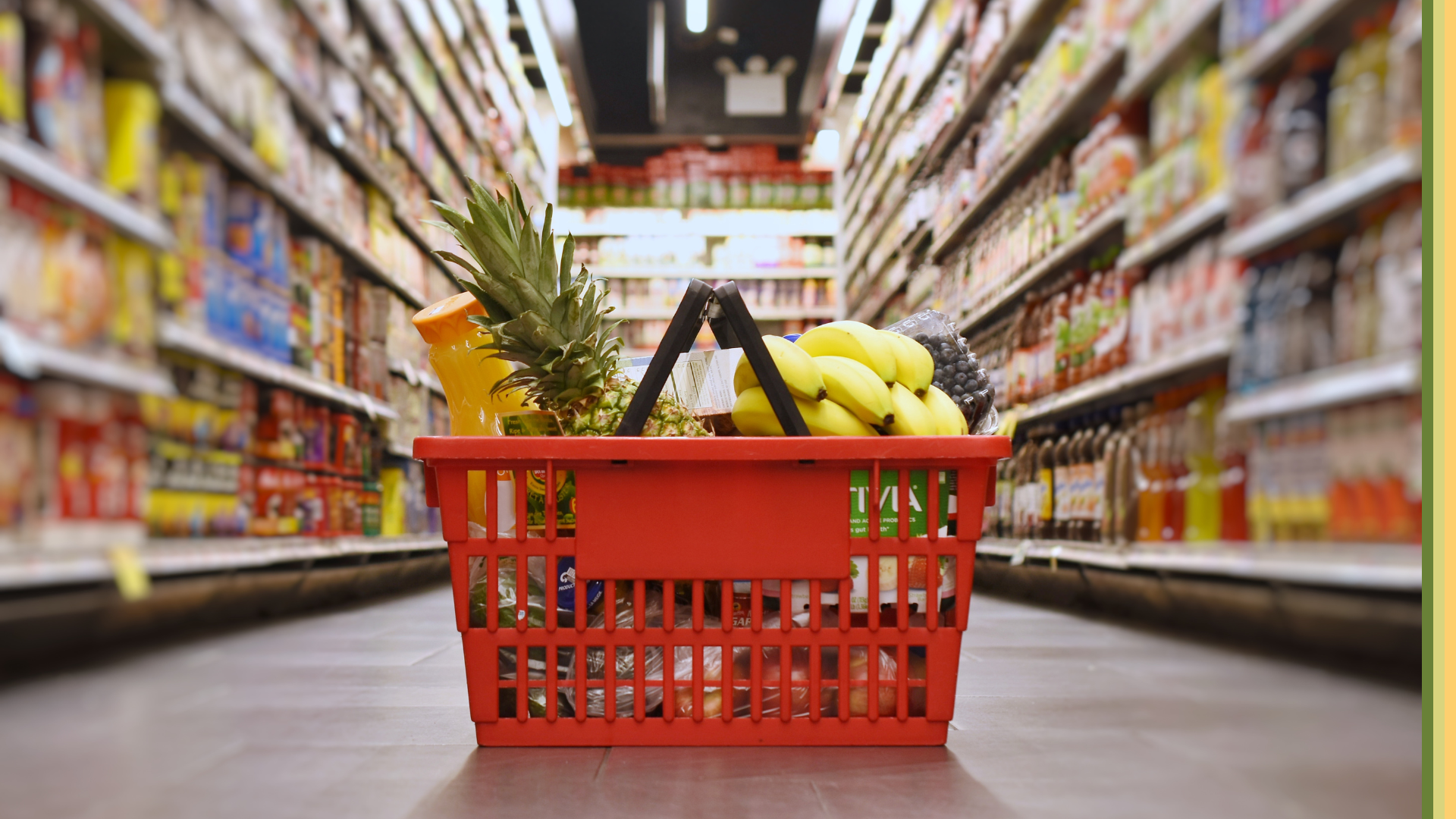 Groceries in a grocery basket.