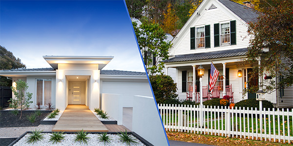 A new modern home on the left, and an older home on the right.