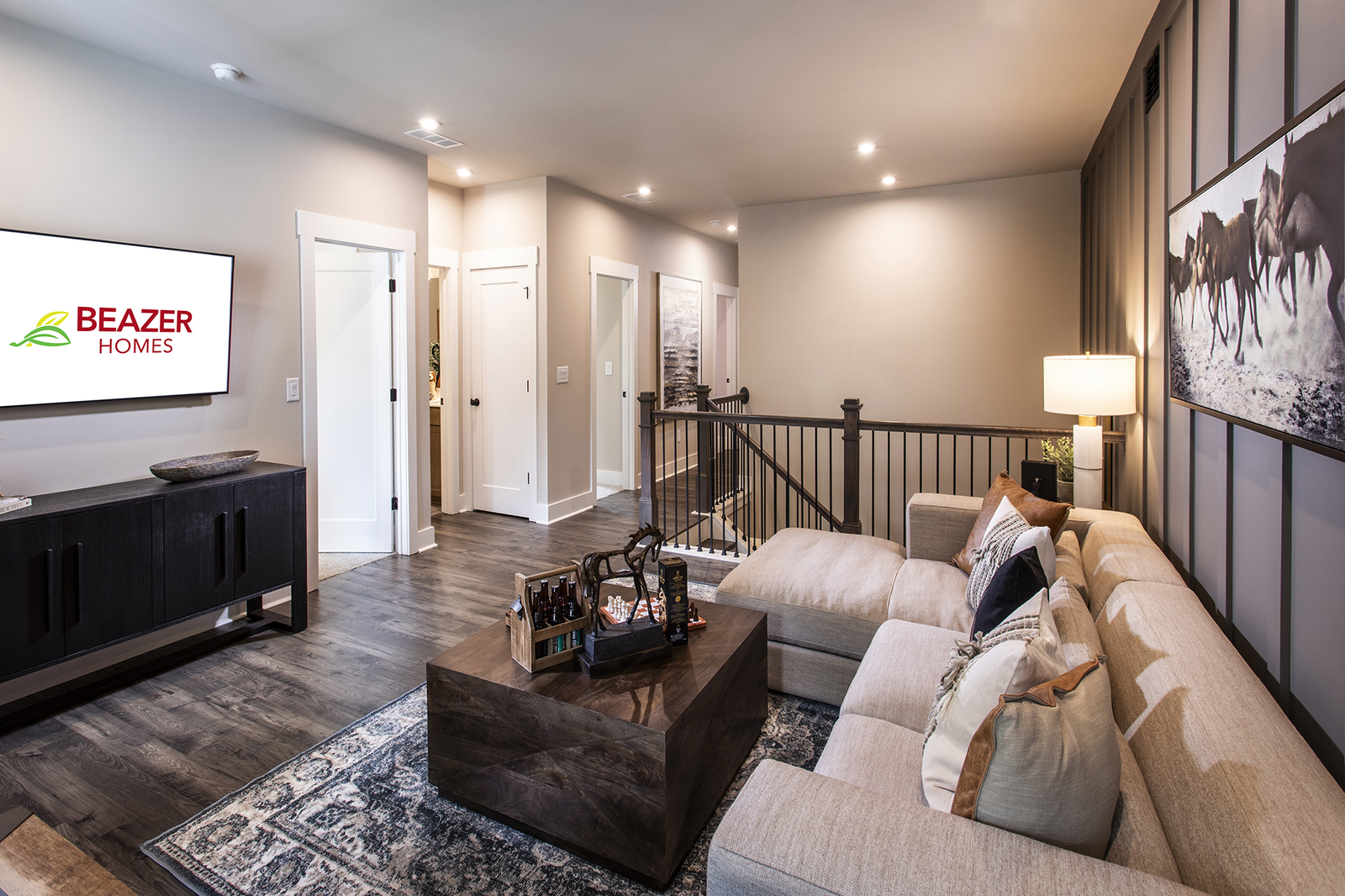 loft with plank flooring & wainscoting wall 