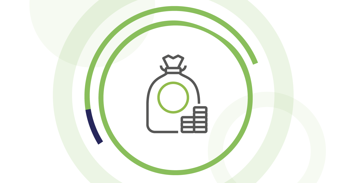 Icon of a bag o money with stacked coins on the side, symbolizing finances and earnings. Icon is surrounded by lime circles