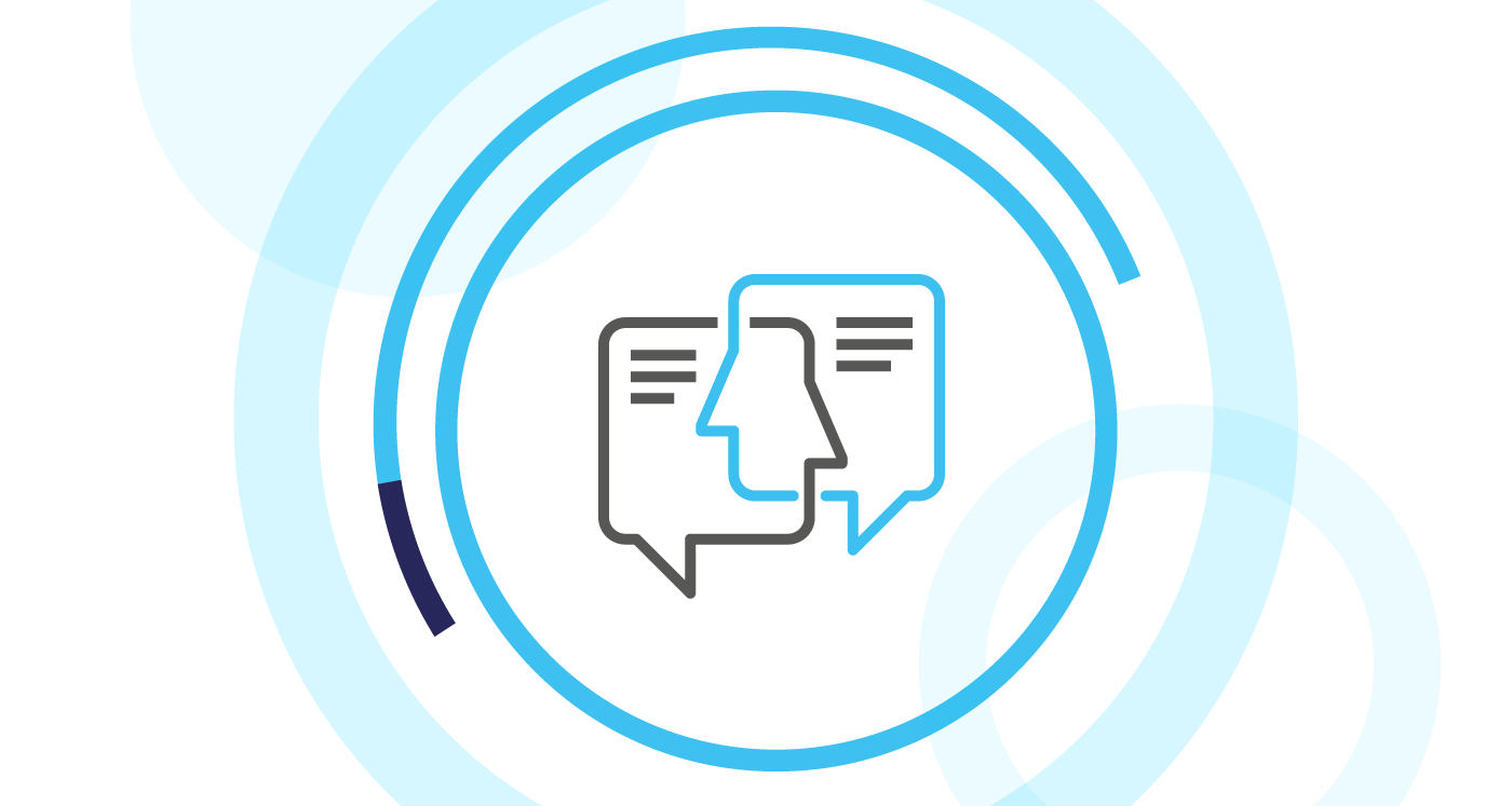 Icon of two overlapping speech bubbles shaped like faces , symbolizing communication and negotiation. Icon is surrounded by cyan circles