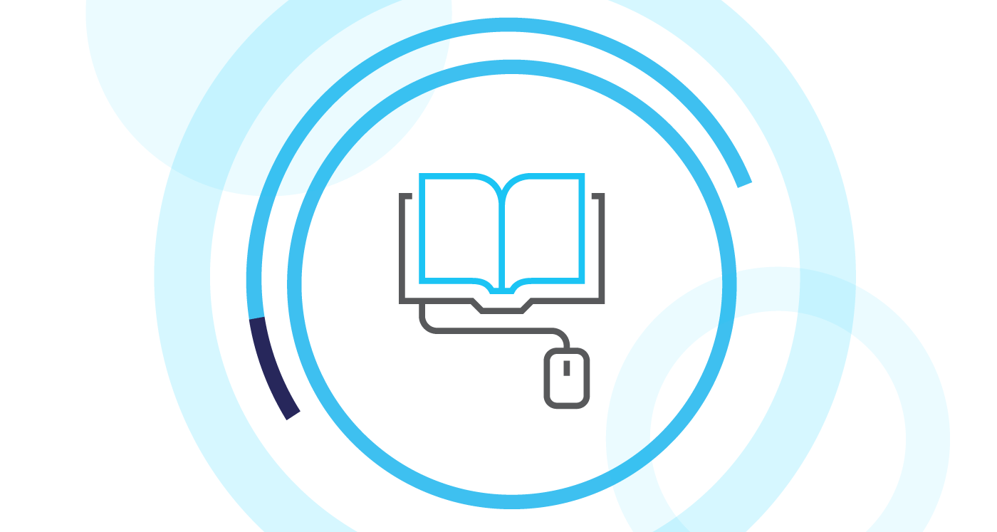 Icon of an open book with a computer mouse, symbolizing online reading. Icon is surrounded by cyan circles