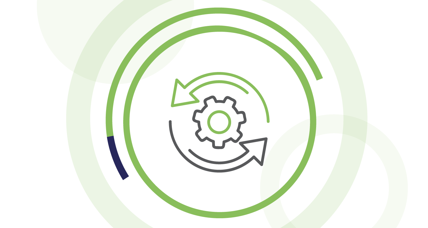 Icon of a cogwheel with circle arrows, symbolizing transformation and progress . Icon is surrounded by lime circles