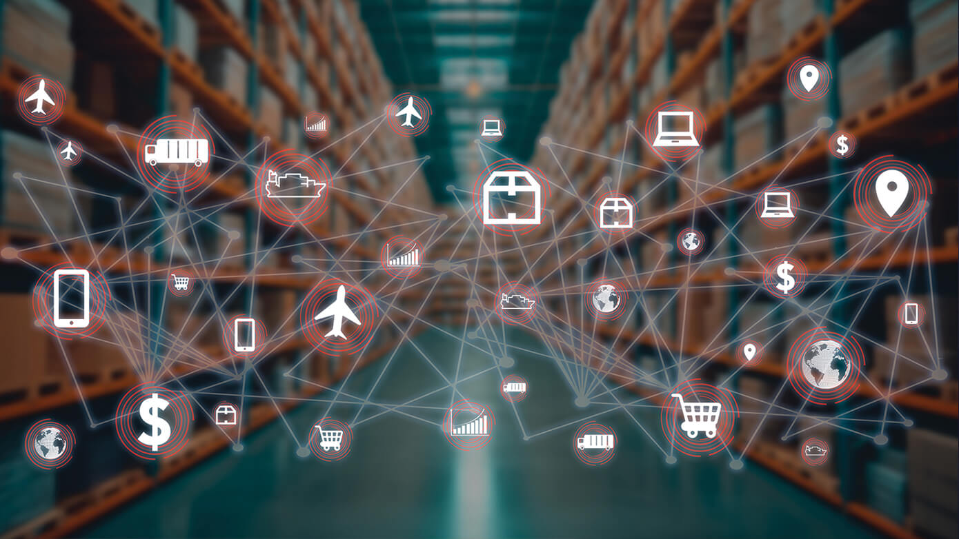 Abstract image of icons floating in the warehouse.