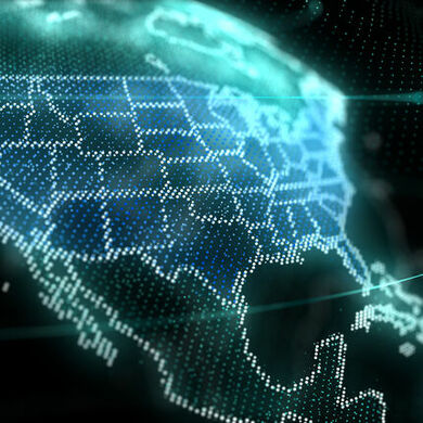 hologram-like map of the U.S. on a transparent globe