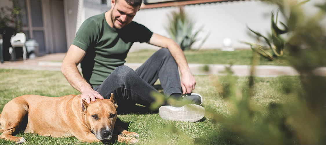 A white man sits in his yard next to a big brown dog