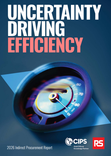Cover of the 2026 Indirect Procurement Report titled "Uncertainty Driving Efficiency." The design features a close-up of a glowing analog gauge on a dark blue background, symbolizing speed and measurement, with the CIPS and RS partner logos at the bottom.