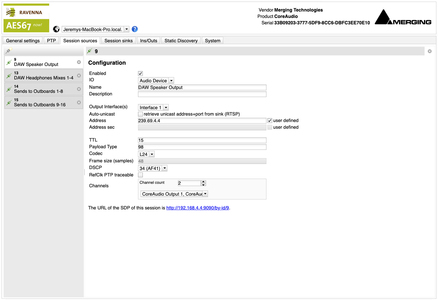 VAD Standard AoIP Driver Web Settings Sources Screenshot