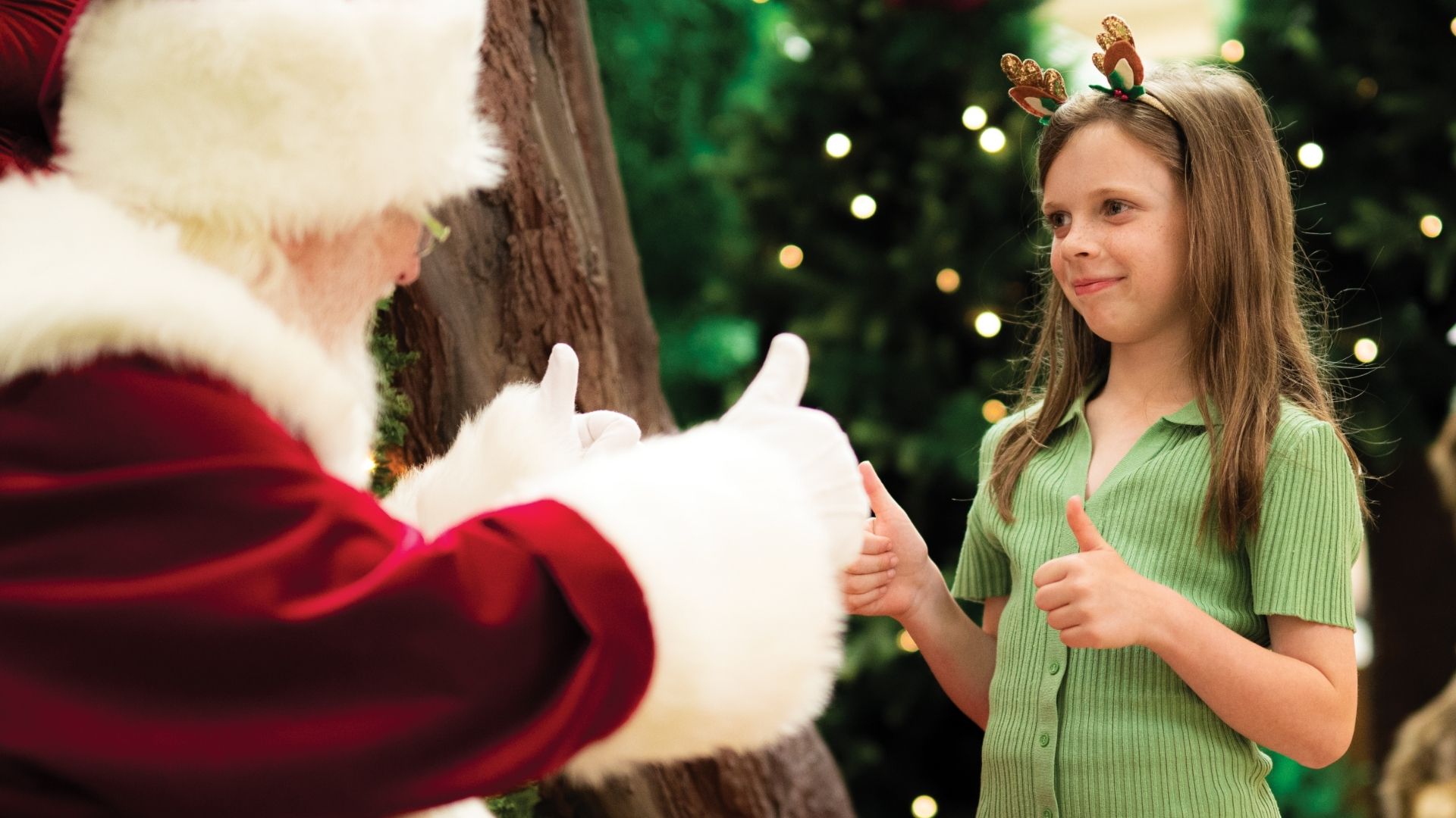 Santa and a child face each other making a thumbs-up sign during an Auslan-interpreted Santa session