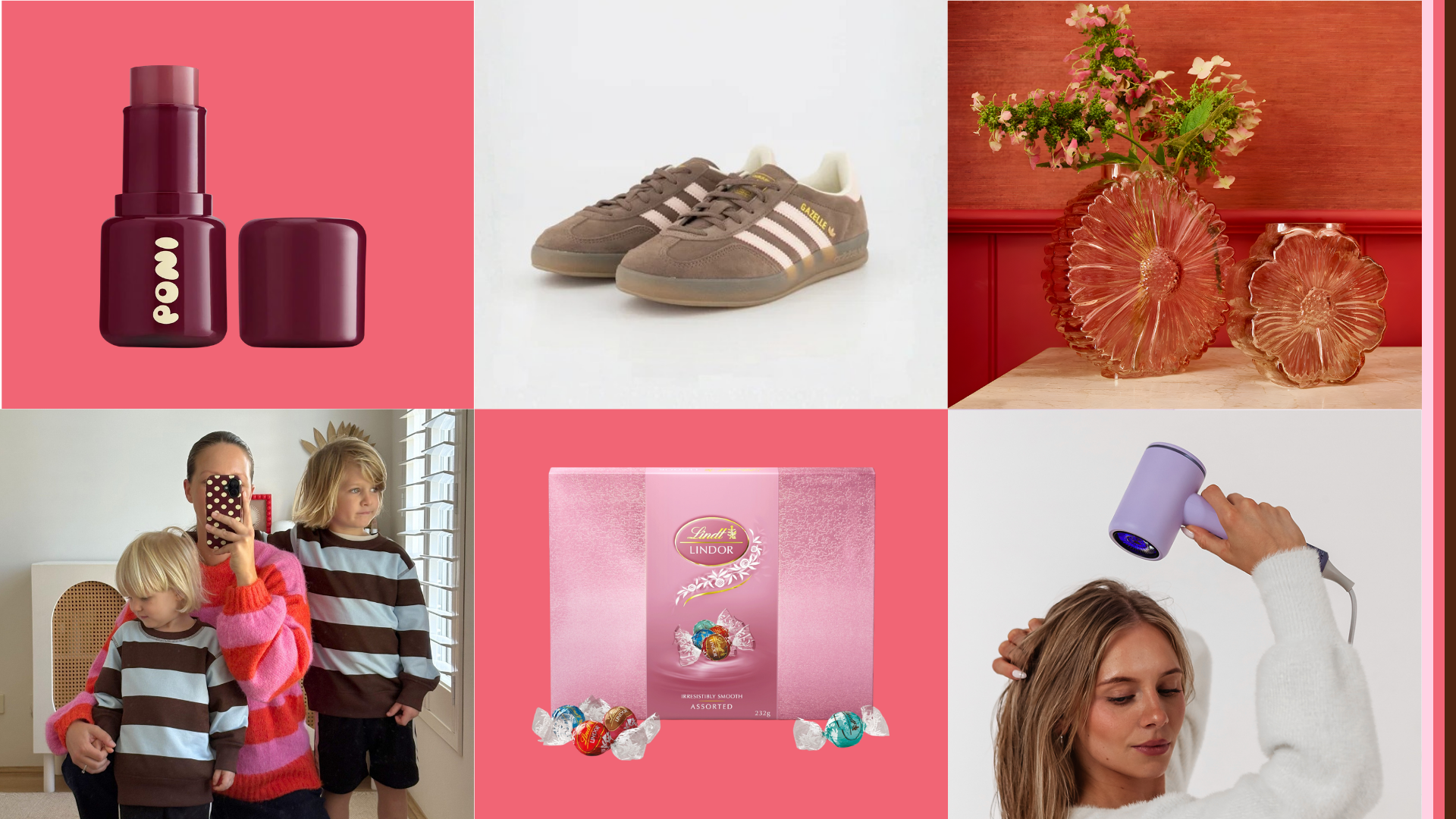 Collage of Mother’s Day gift ideas featuring beauty accessories, decorative homeware, jewellery, fashion pieces, tech accessories and coffee‑inspired lifestyle items.