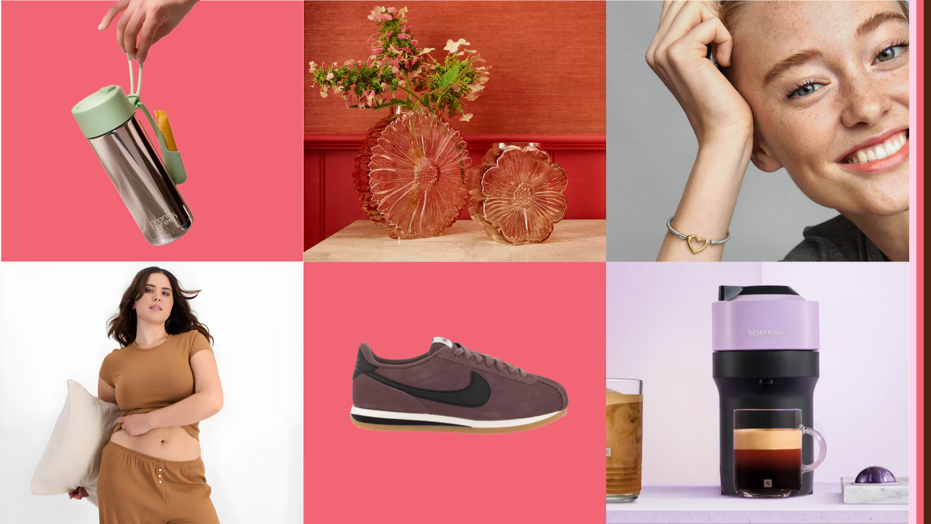 Collage of Mother’s Day gift ideas featuring beauty accessories, decorative homeware, jewellery, fashion pieces, tech accessories and coffee‑inspired lifestyle items.