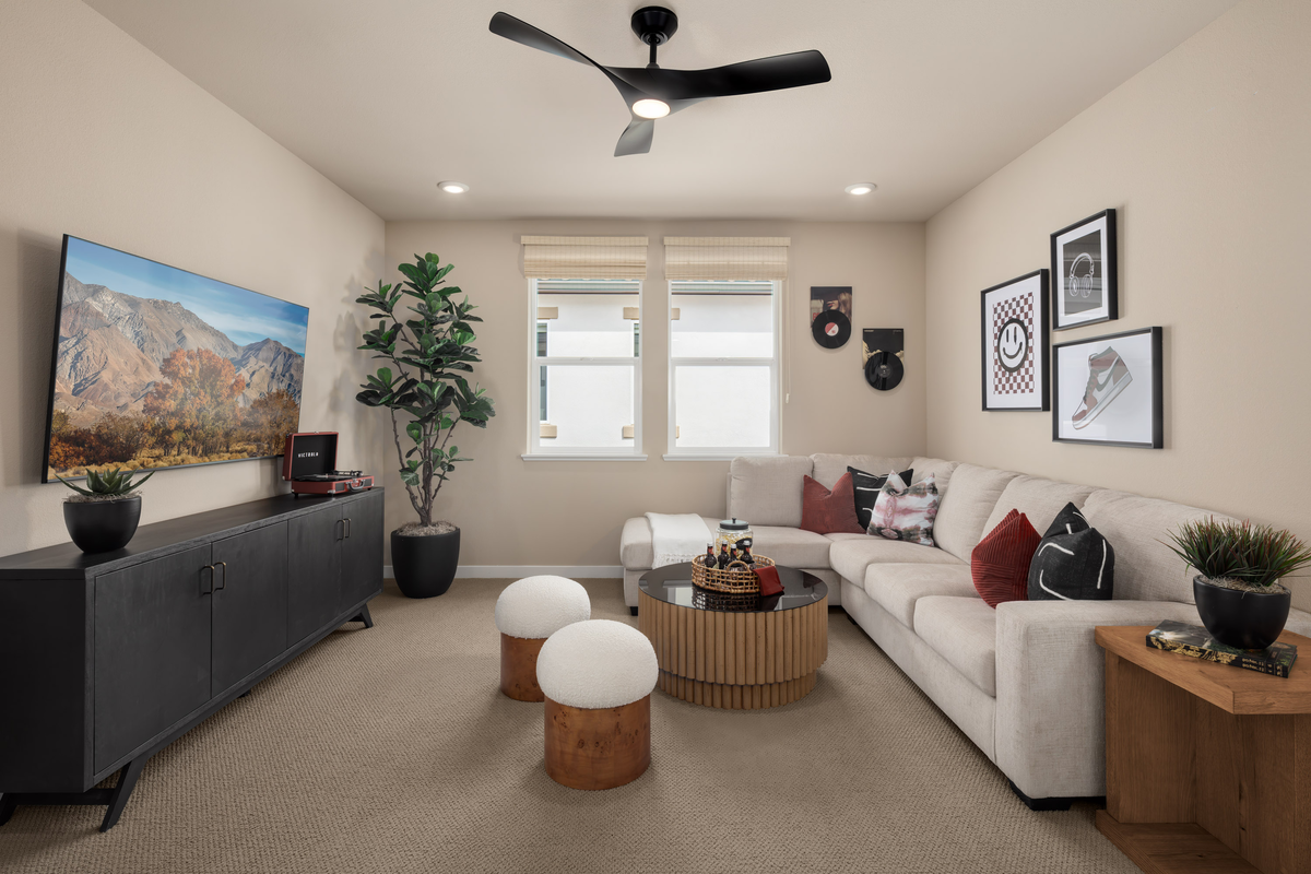 loft with white sofa and black cabinet