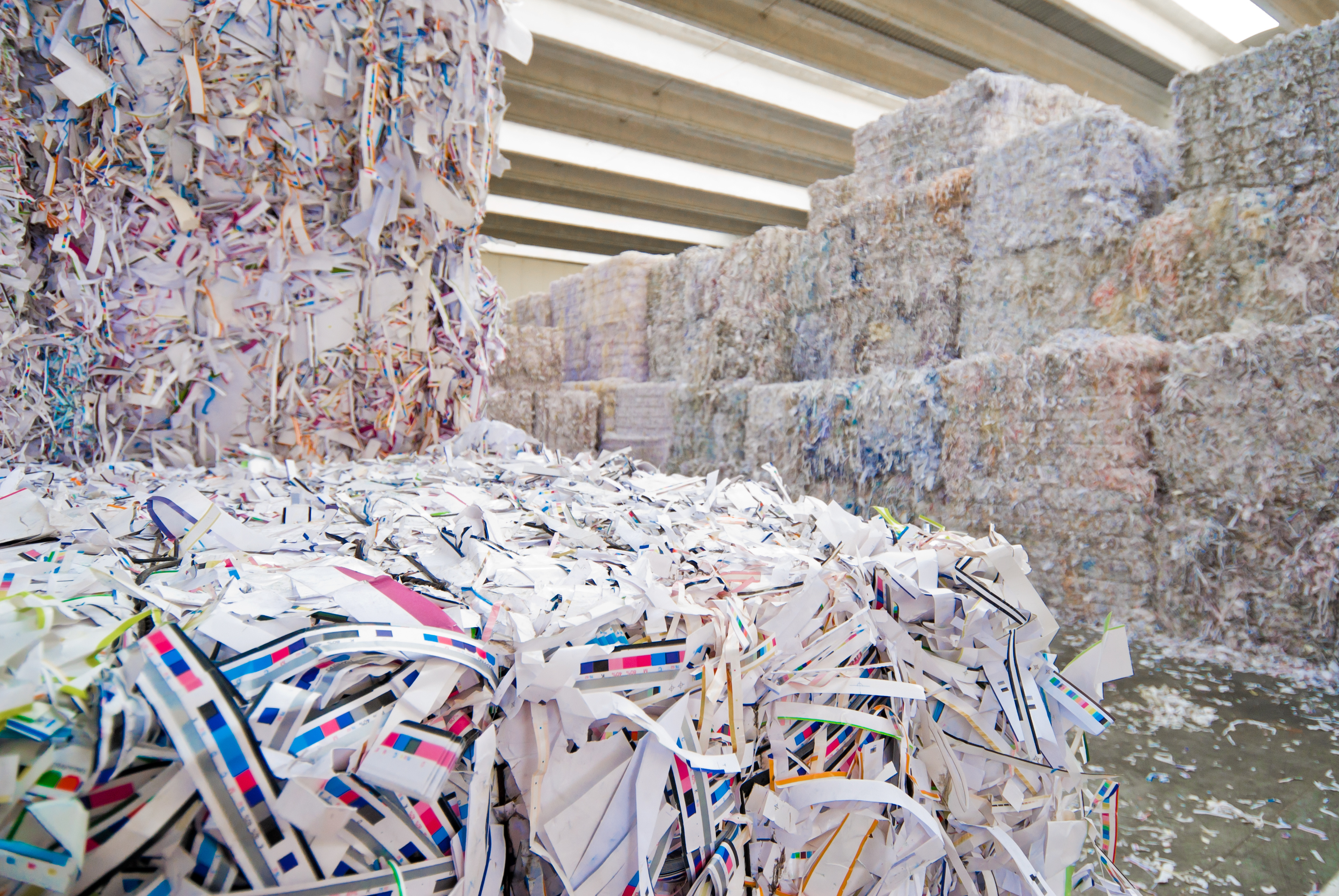Waste paper bales stacked in a warehouse
