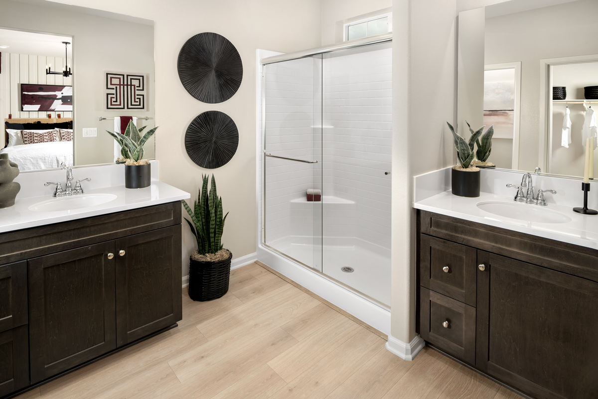 primary bathroom with dark cabinets and shower