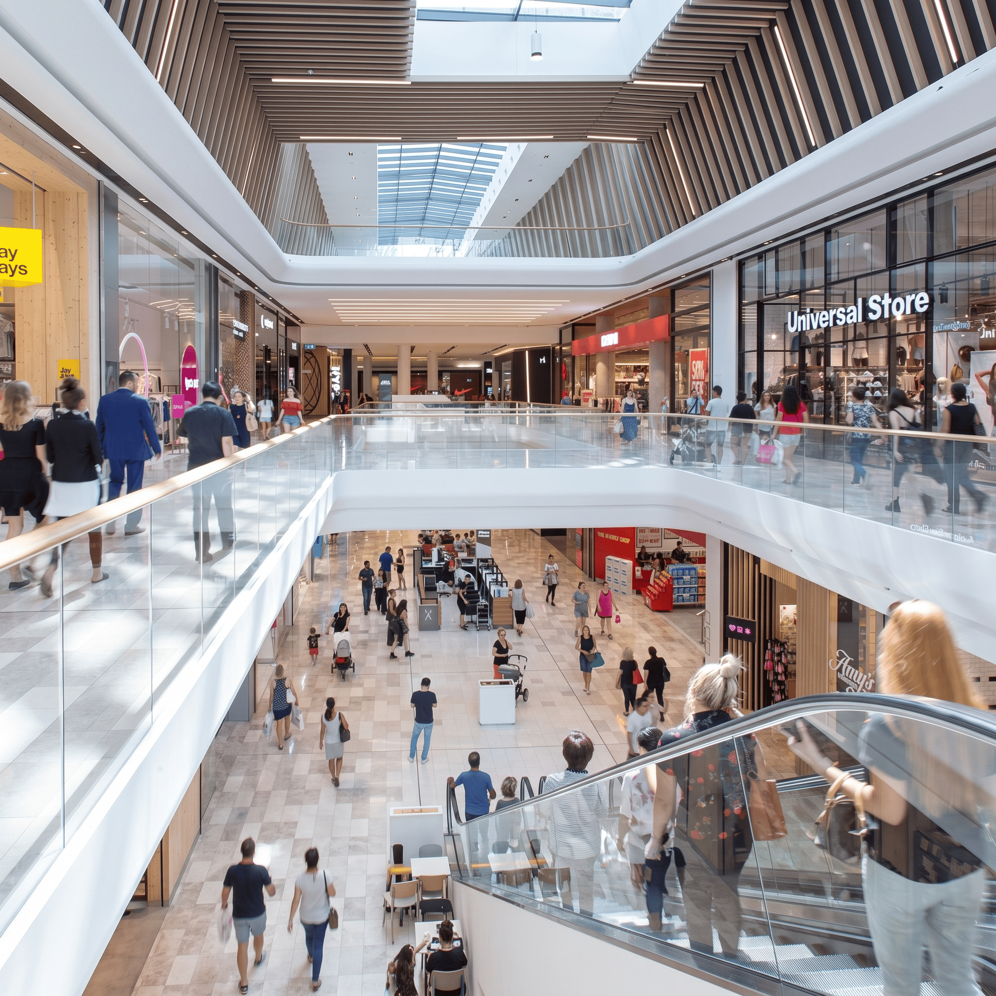 A busy, multi-level modern shopping mall with people walking on the concourses and riding an escalator