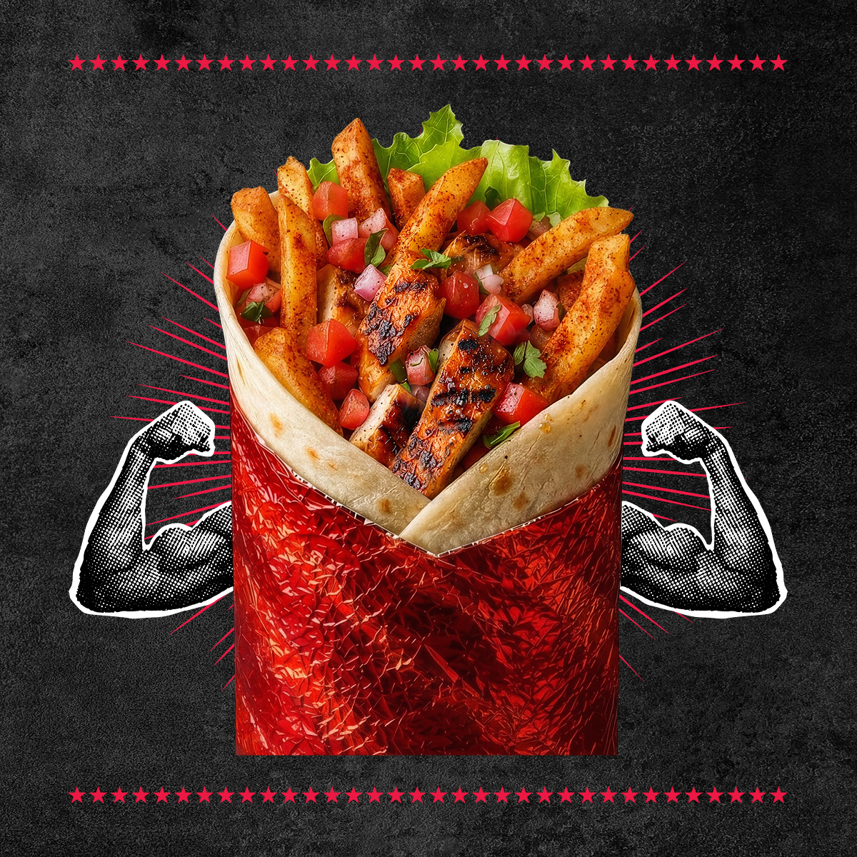 Mad Mex Baja Burrito filled with Chilli & Lime Baja Fries, lettuce, cheese, pico de gallo and your choice of filling against a black campaign background.