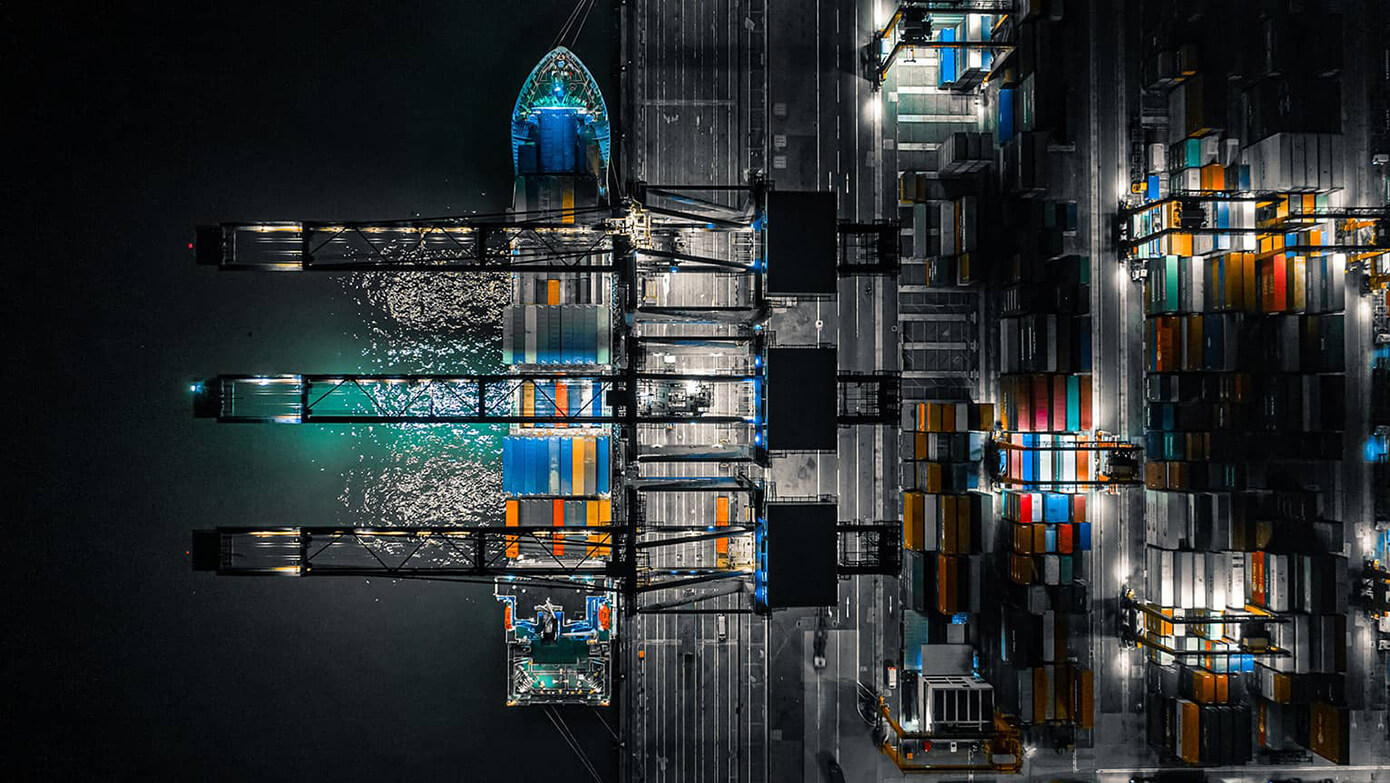 Aerial image of shipping containers on a cargo ship. 