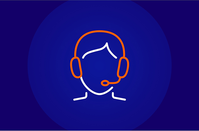 A simple line icon of a person's head wearing an orange and white headset with a microphone, centered within a dark blue circular background.