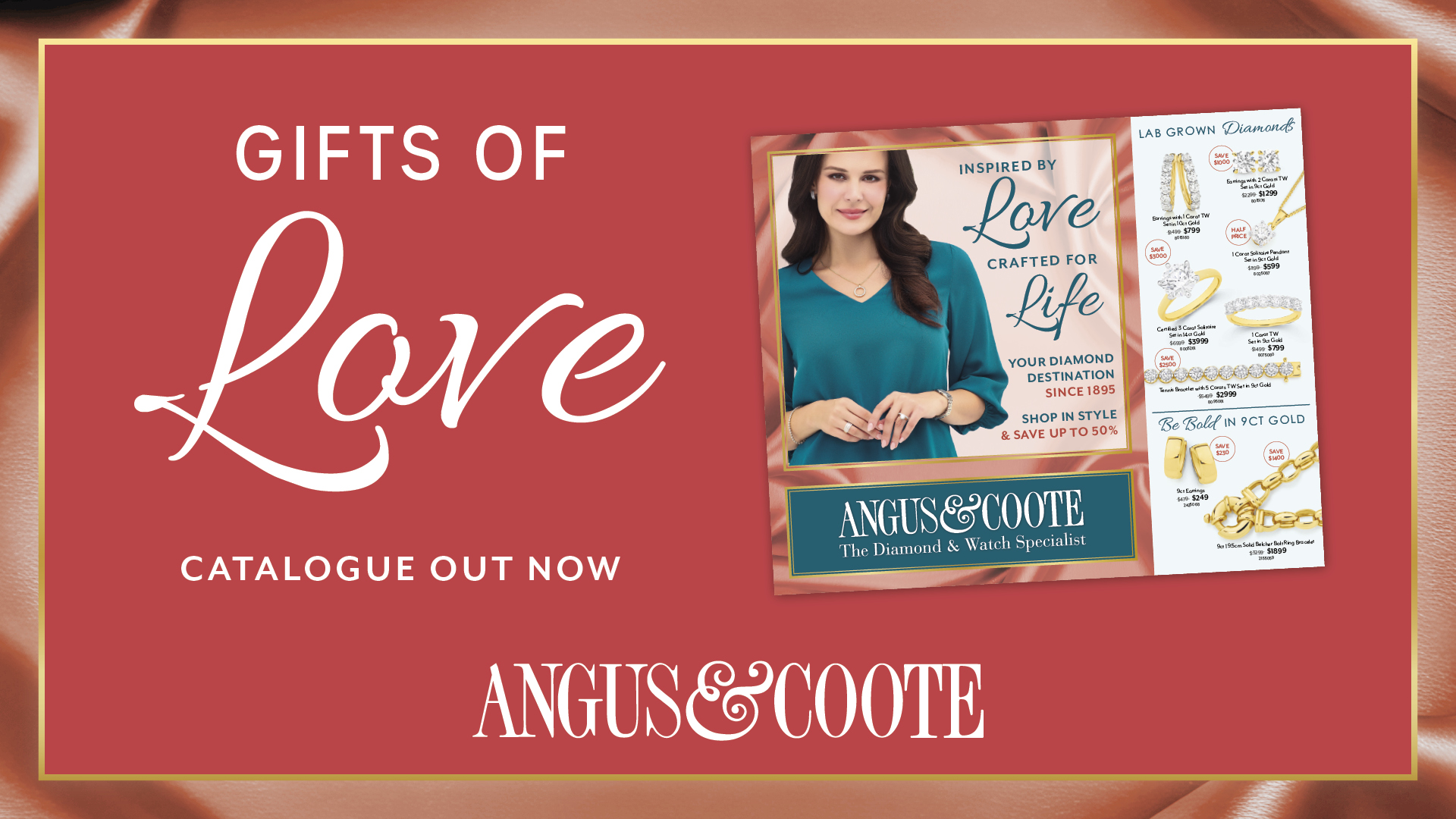 image of catalogue pages and supporting text of Inspired by Love Catalogue or lifestyle image of a lady wearing diamond jewellery