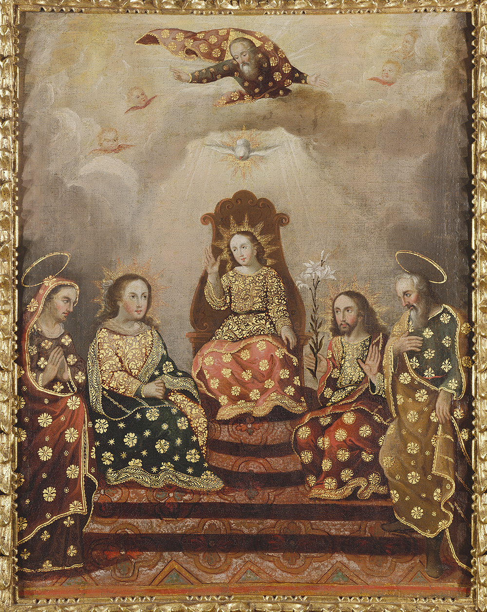 Painting in which Christ sits enthroned. God the Father and the Holy Spirit as a dove is above Christ, along with Joseph and Mary on either side.