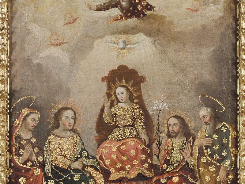 Painting in which Christ sits enthroned. God the Father and the Holy Spirit as a dove is above Christ, along with Joseph and Mary on either side.