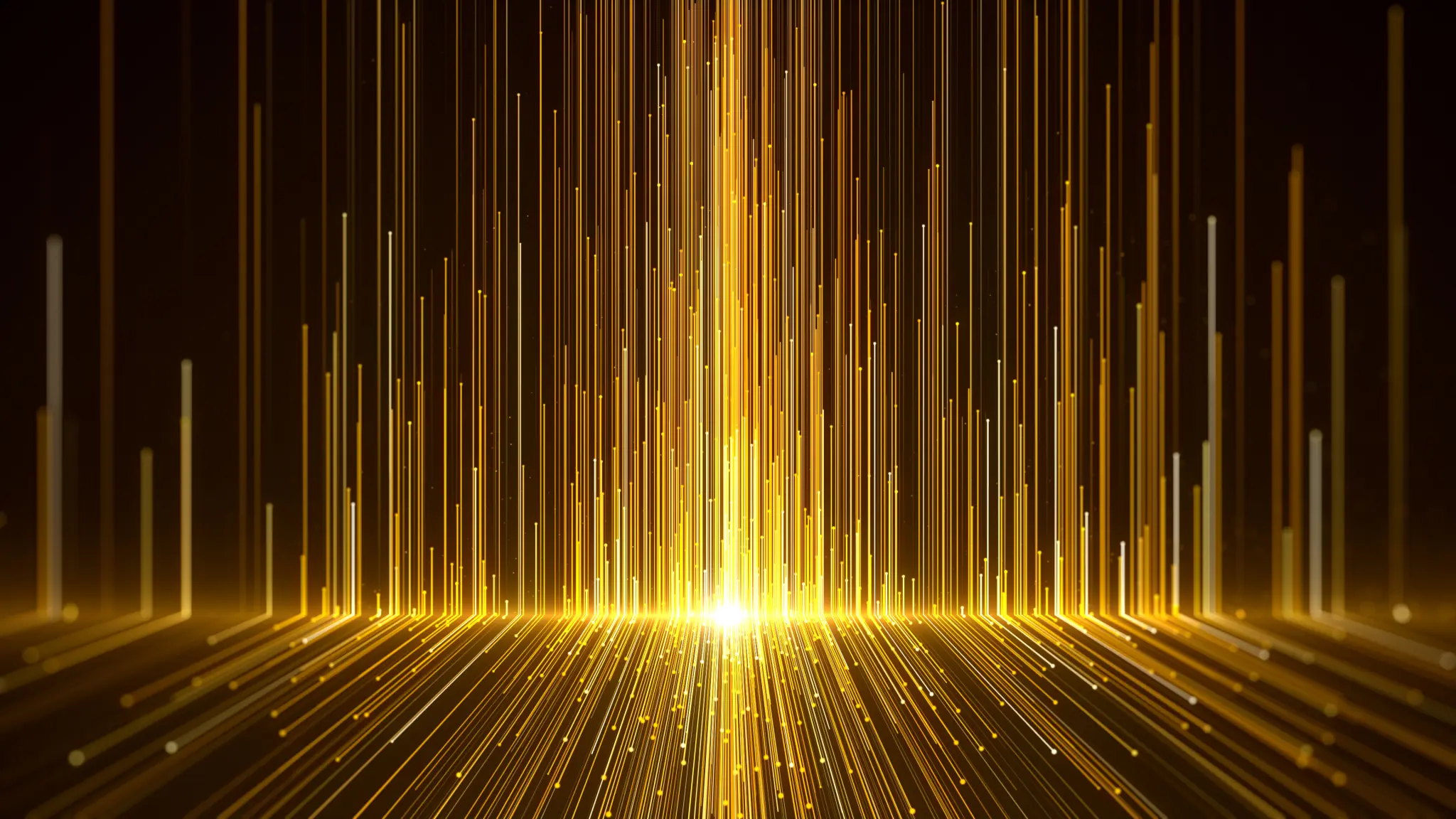Abstract background featuring thousands of vertical, thin golden light lines rising from a bright central glow on a dark floor. The lines create an effect of a dazzling curtain or digital data flow, often used to signify awards, prestige, or high performance.