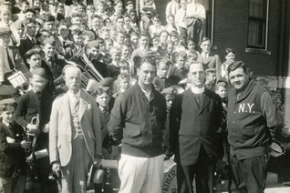 Lou Gehrig and Babe Ruth visit Father Edward J. Flanagan, founder of Boys Town, and young residents of the Nebraska school in 1927. Knights of Columbus Multimedia Archives/Photo by Ernest Bihler Co.