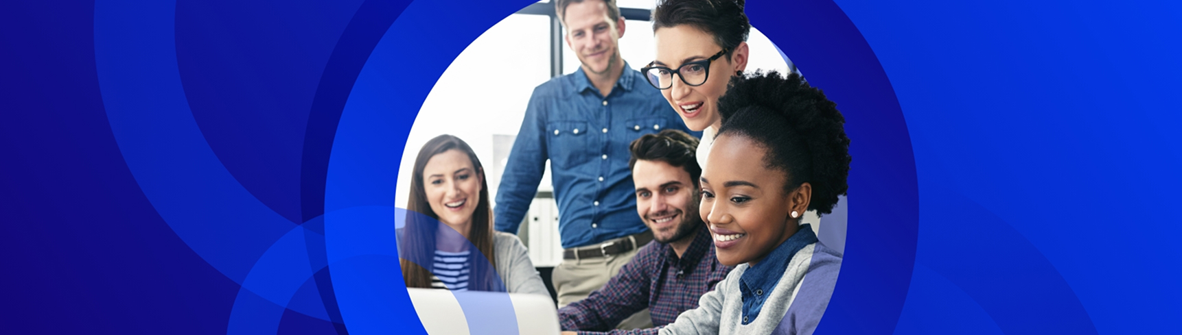 A diverse group of five smiling business people gathered around a laptop, working together. The image is framed within a white circle and overlaid on an abstract blue background with concentric circles.