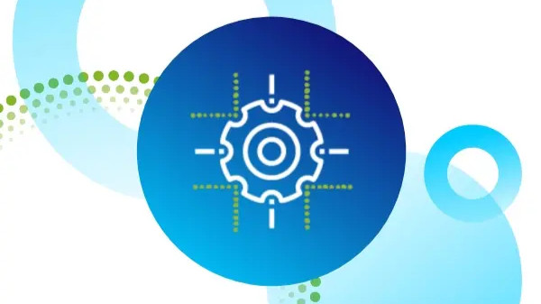 Abstract illustration of a gear icon symbolizing process or system management, set against overlapping blue circles and dotted green arcs.