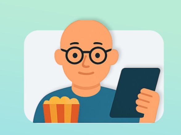 cartoon image of a man wearing glasses holding popcorn in one hand and a tablet in the other hand