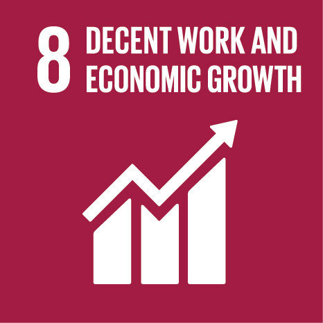 Icon of a line chart with upwards trend, text 'decent wok and economic growth'