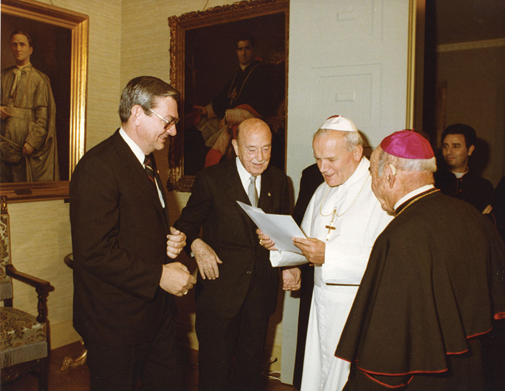 Pope John Paul II meets with Supreme Knight Dechant and a K of C delegation, including Count Enrico Galeazzi, director the Knights of Columbus Rome Office, and Supreme Chaplain Bishop Charles Greco of Alexandria, La., at the Apostolic Delegation in Washington, D.C., Oct. 7, 1979.