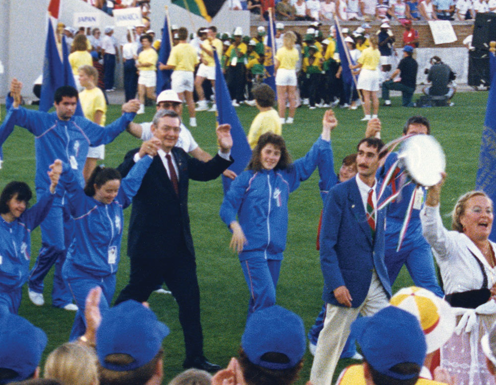 Virgil Dechant marches with athletes at the opening ceremony of the 1987 Special Olympics World Games, at Notre Dame Stadium in South Bend, Ind.