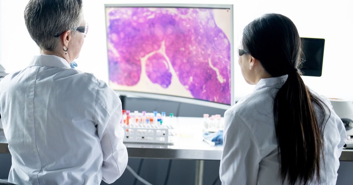 Two female clinicians looking a specimen on a computer screen