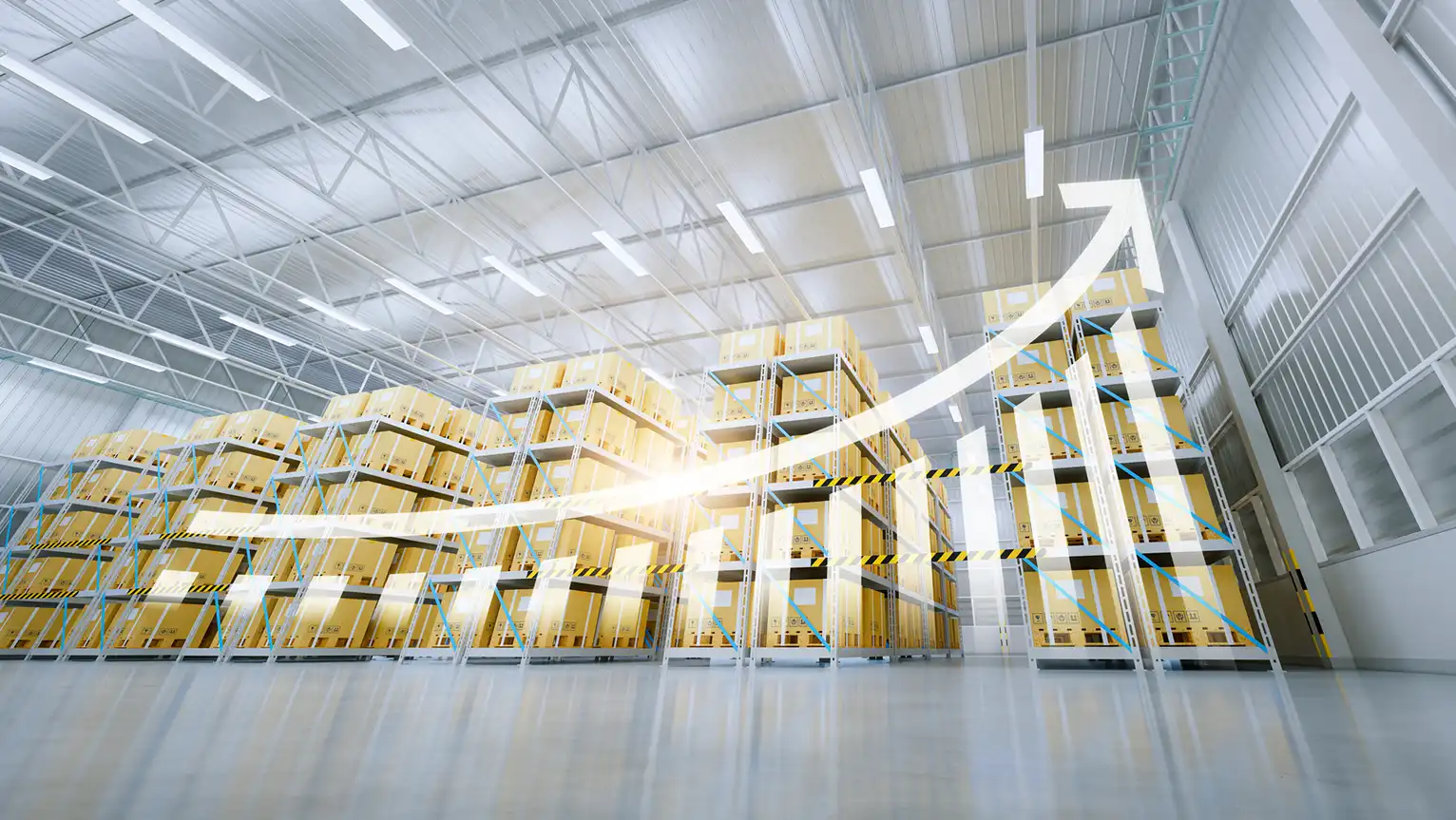 Abstract image of a rising bar chart over boxes in a warehouse.