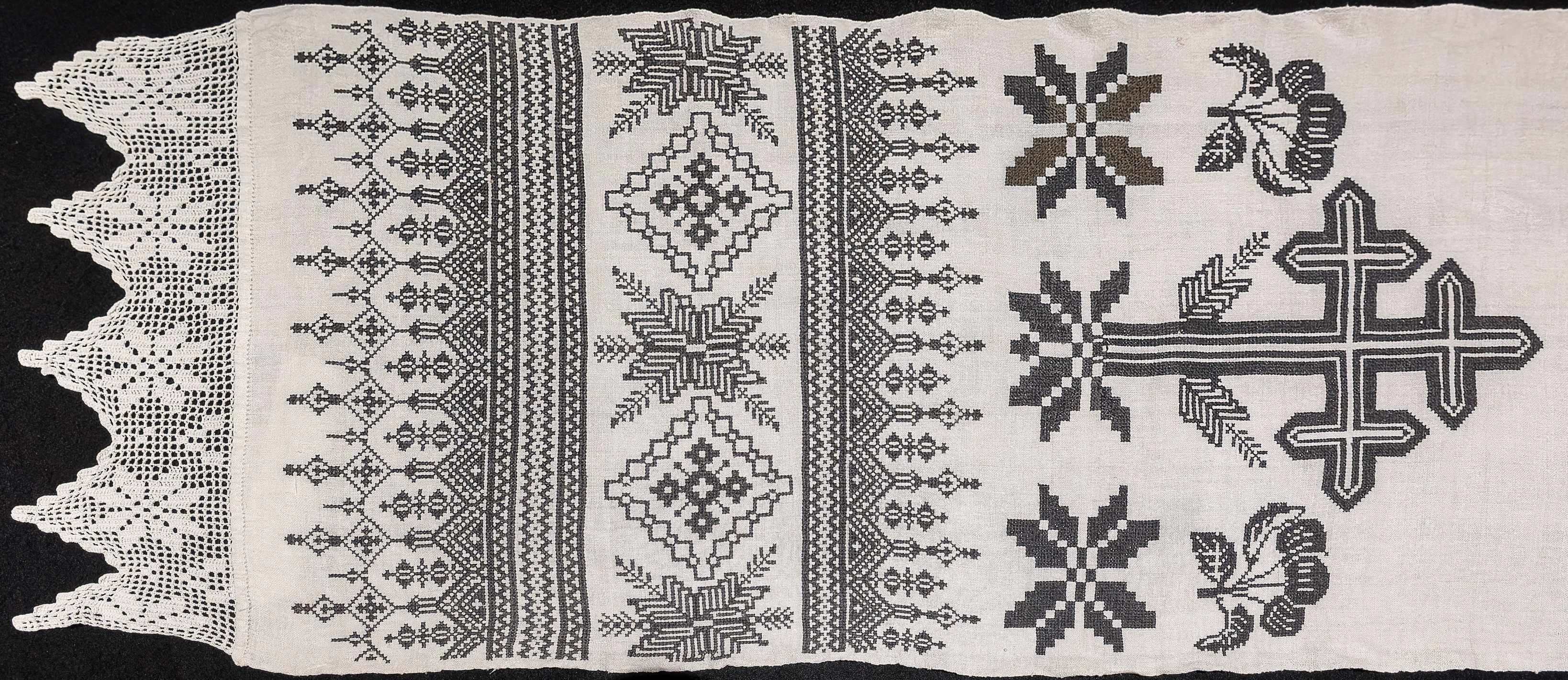 Detail image of embroidered funeral Rushnyk from Ukraine made in the mid-20th century. 