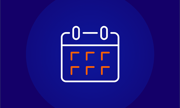 A white line-art icon of a calendar with highlighted orange squares representing specific dates, set against a solid dark blue background inside a circular shape.