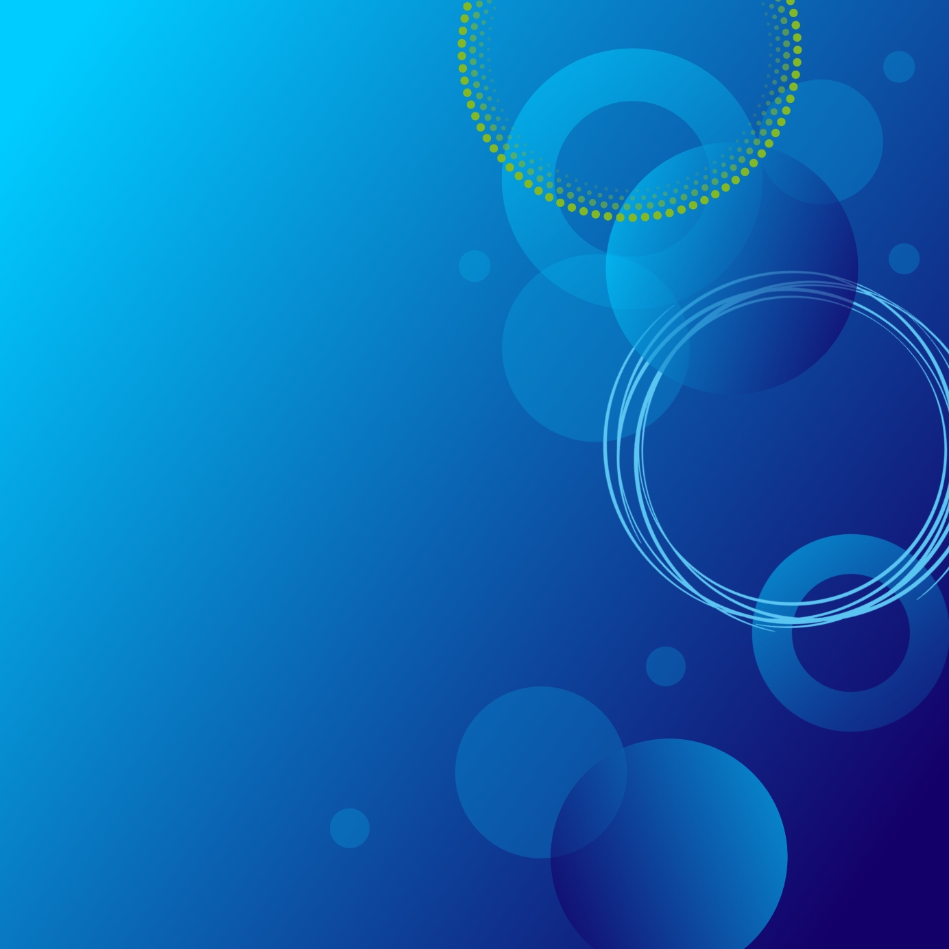 Abstract digital background with a blue gradient and a cluster of overlapping translucent blue circles and rings on the right, including a yellow-dotted ring and a sketchy white ring.