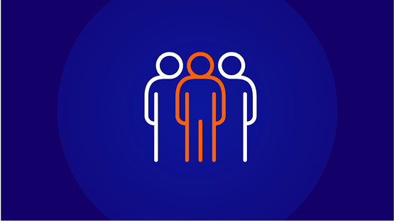 An icon of three stylized people, with the center figure outlined in orange and the flanking figures in white, on a dark blue background.