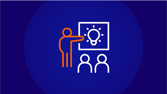 An icon showing an orange-outlined person giving a presentation with a lightbulb idea graphic to two white-outlined audience members, on a dark blue background.