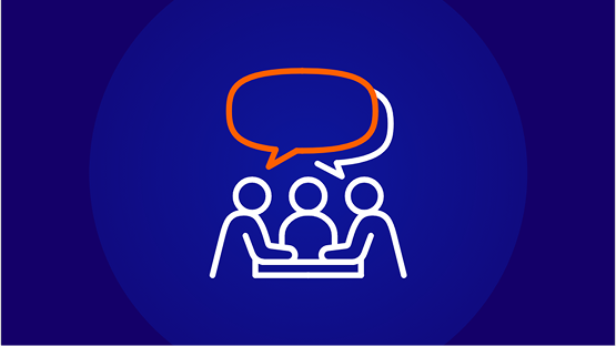 An icon depicting three stylized people seated at a table with an orange and white overlapping speech bubble above them, on a dark blue background.