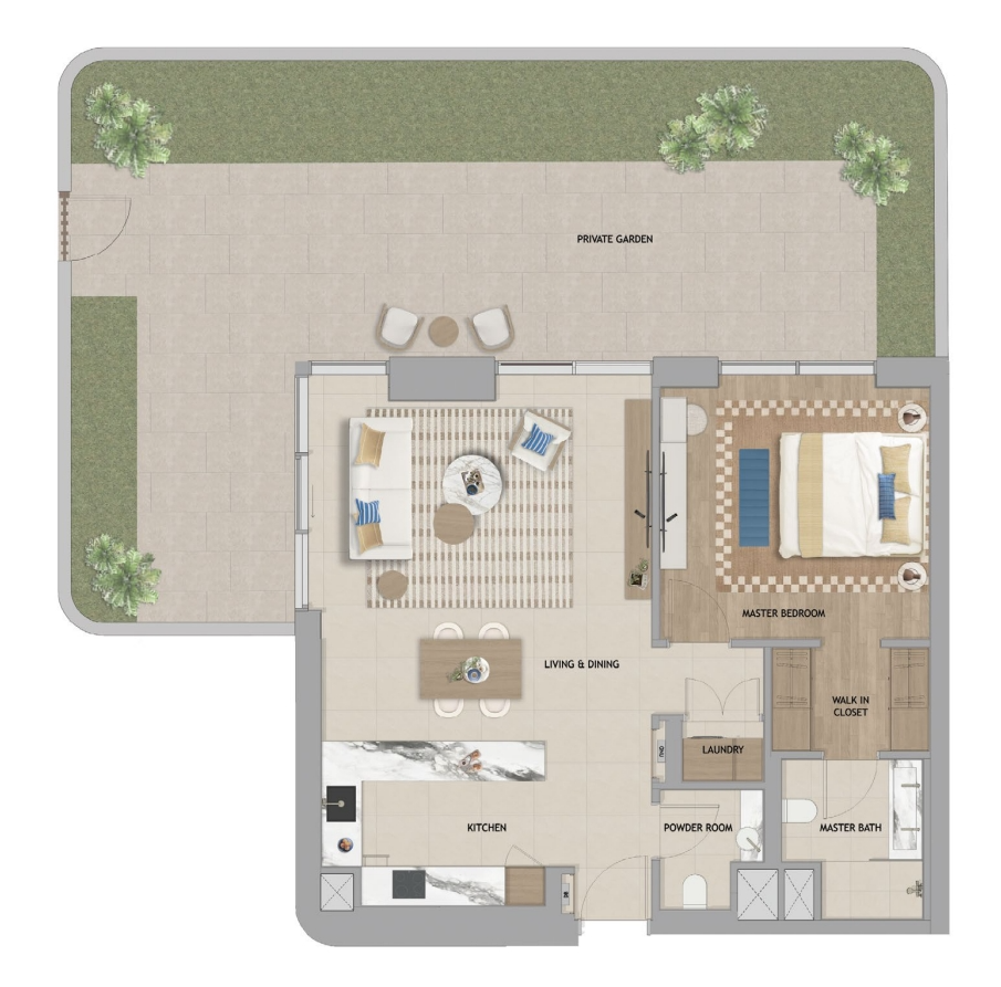 The Beach House Fahid Fahid beah house apartment t2 garden 1 bedroom typeF floor plan