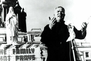 Father Patrick Peyton speaks outside the Cathedral of St. Paul in St. Paul, Minn., in 1958