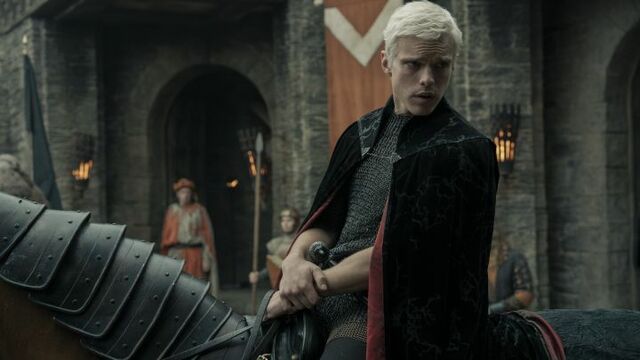 Finn Bennett as Prince Aerion “Brightflame” Targaryen on horseback in A Knight of the Seven Kingdoms.