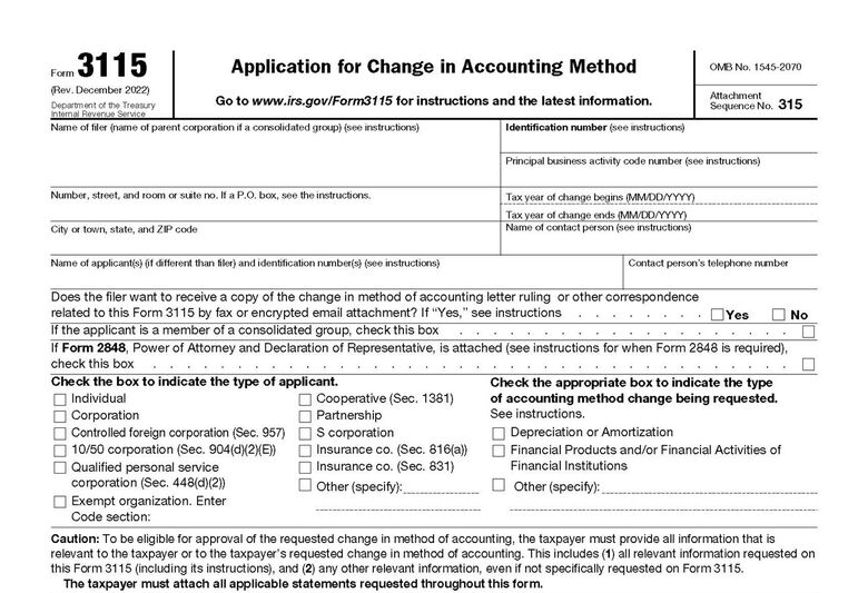 Top portion of IRS Form 3115