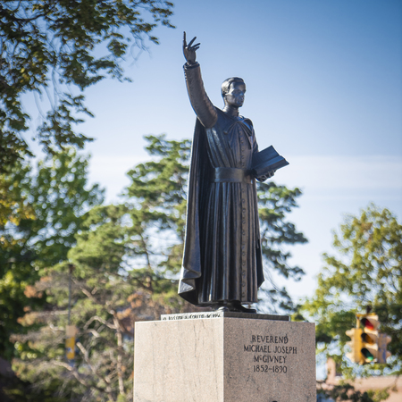 Statue of Father McGivney near the center of his hometown of Waterbury, CT, to commemorate the 75th anniversary of the Knights of Columbus.