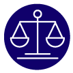 Line icon of a scale, symbolising justice and equality. Icon on dark blue circle