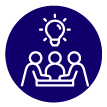 Line icon of three people around a table with a light bulb above them, symbolising brainstorming, coming up with ideas and meeting together. Icon on dark blue circle